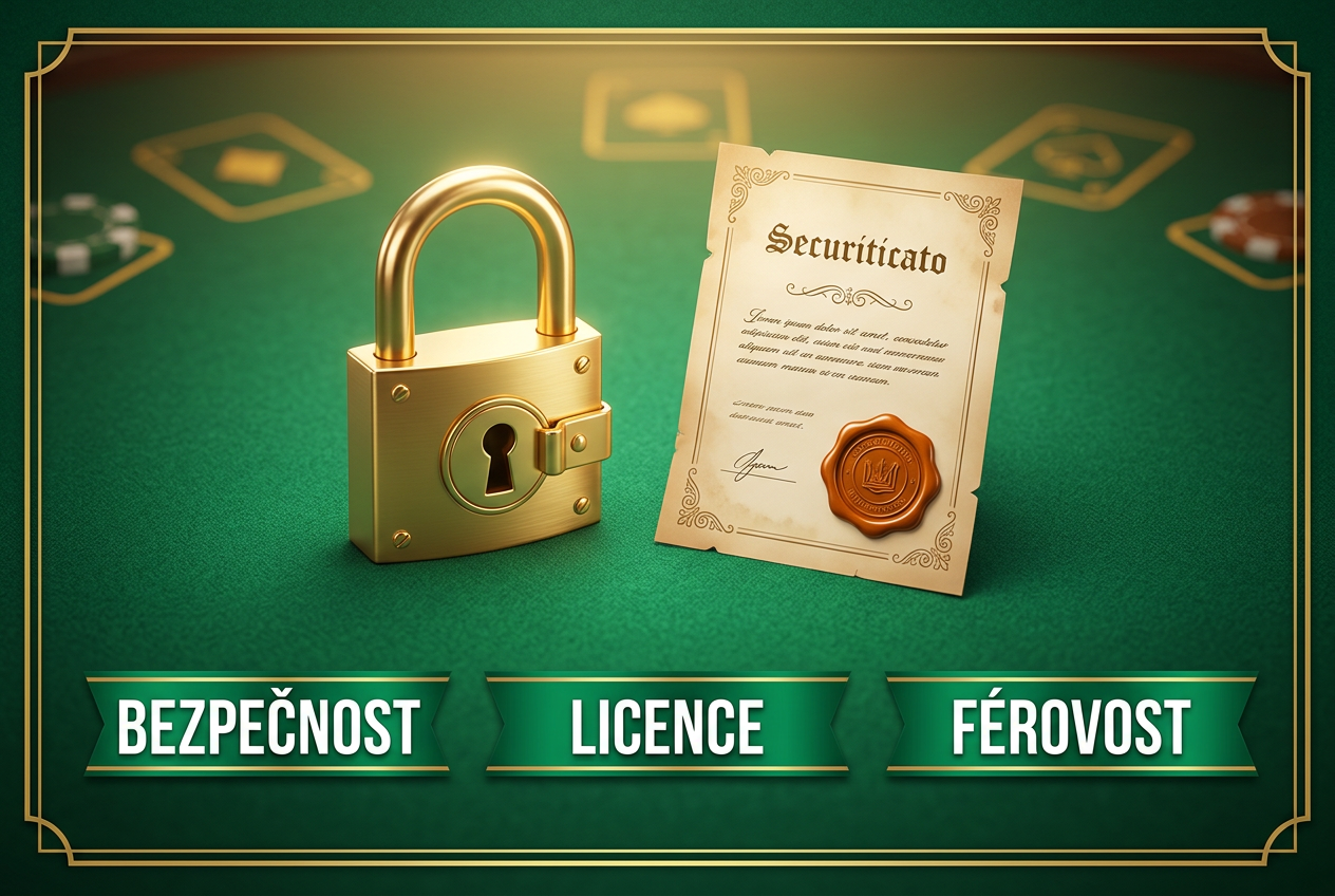 Infografika zobrazující klíčové bezpečnostní prvky online kasina včetně zámku a certifikátu